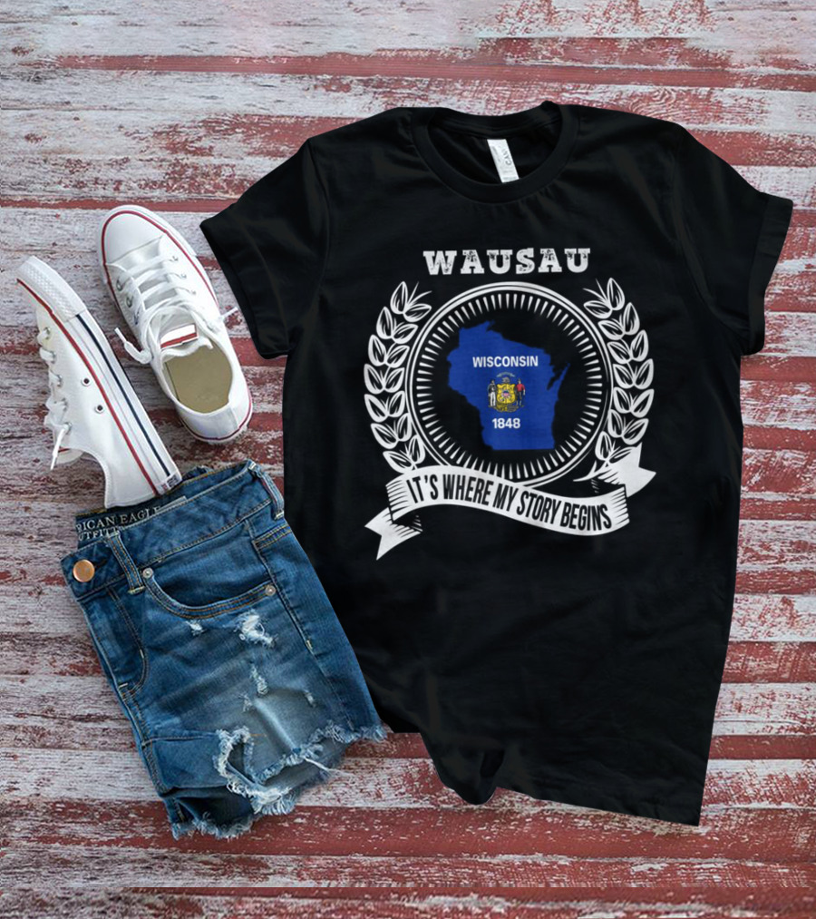 WAUSAU Wisconsin 1848 State Outline Emblem T-Shirt