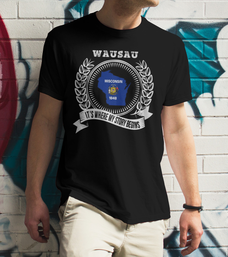 WAUSAU Wisconsin 1848 State Outline Emblem T-Shirt