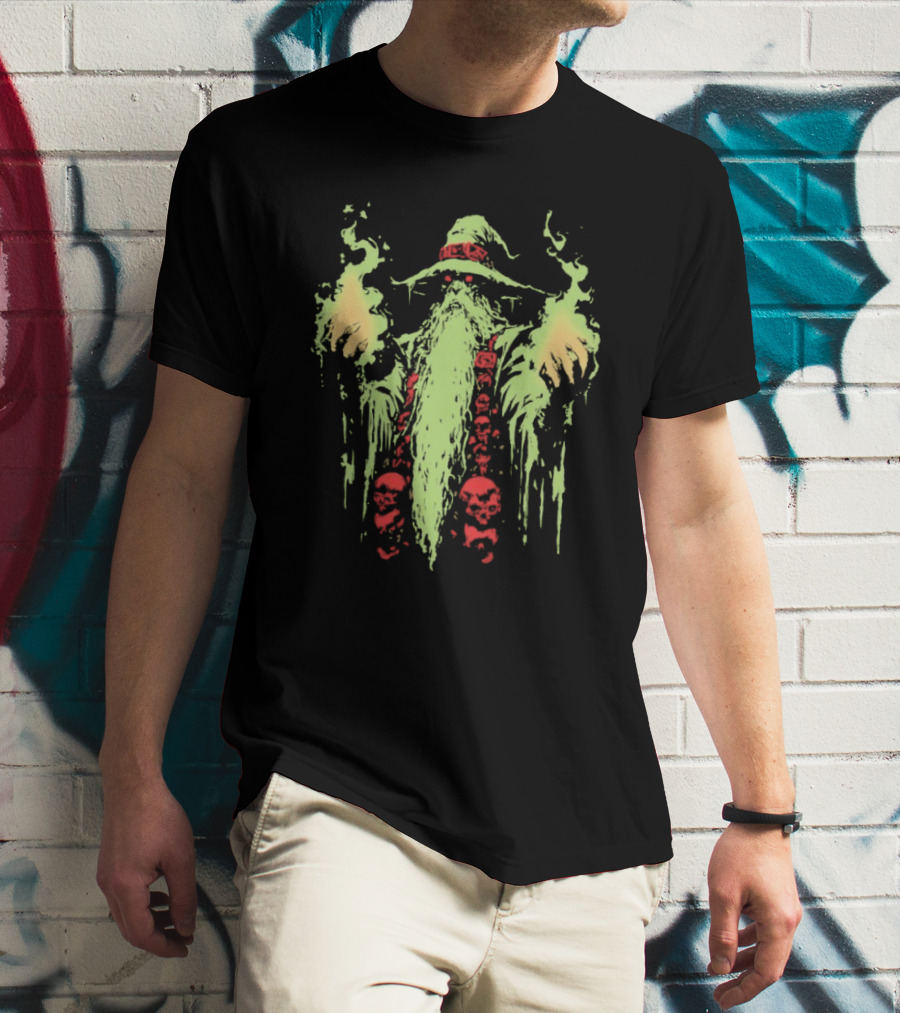 Wizard Of Doom Psychedelic Wizardry With Glowing Aura And Skull Elements T-Shirt