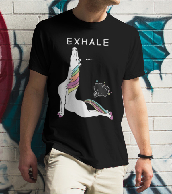 Exhale Yoga Unicorn Pose With Rainbow Mane And Magical Cloud T-Shirt