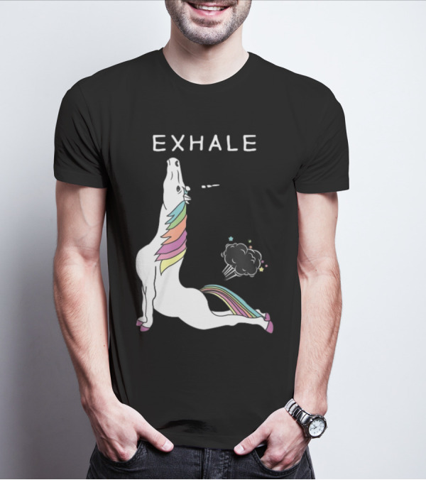 Exhale Yoga Unicorn Pose With Rainbow Mane And Magical Cloud T-Shirt