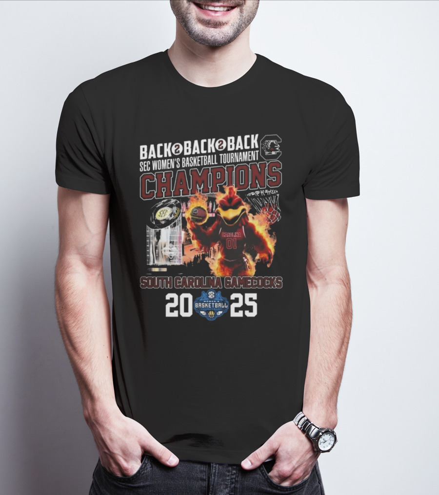 South Carolina Gamecocks 2025 Back To Back To Back SEC Women's Basketball Tournament Champions T-Shirt