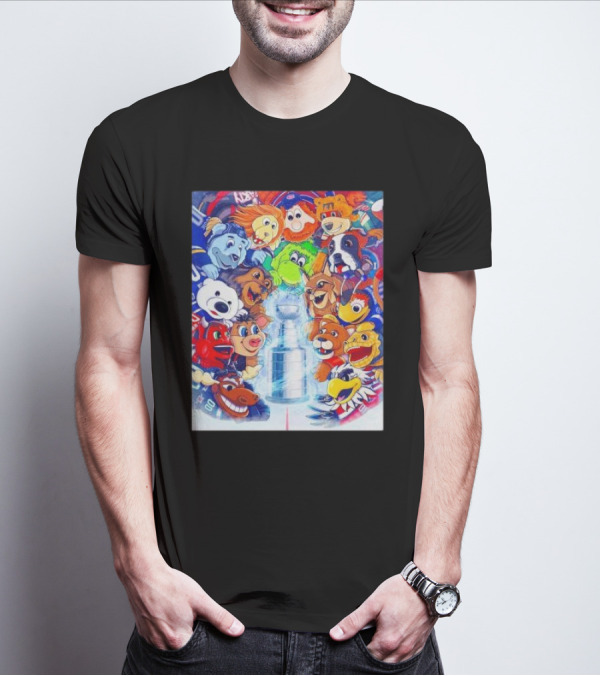 Stanley Cup Playoffs 2025 Mascots With NHL Team Icons Featuring Iconic Trophy T-Shirt
