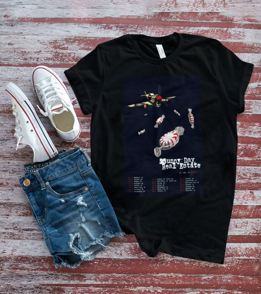 Sunny Day Real Estate Tour 2025 US CAN UK With Airplane And Candy Imagery T-Shirt