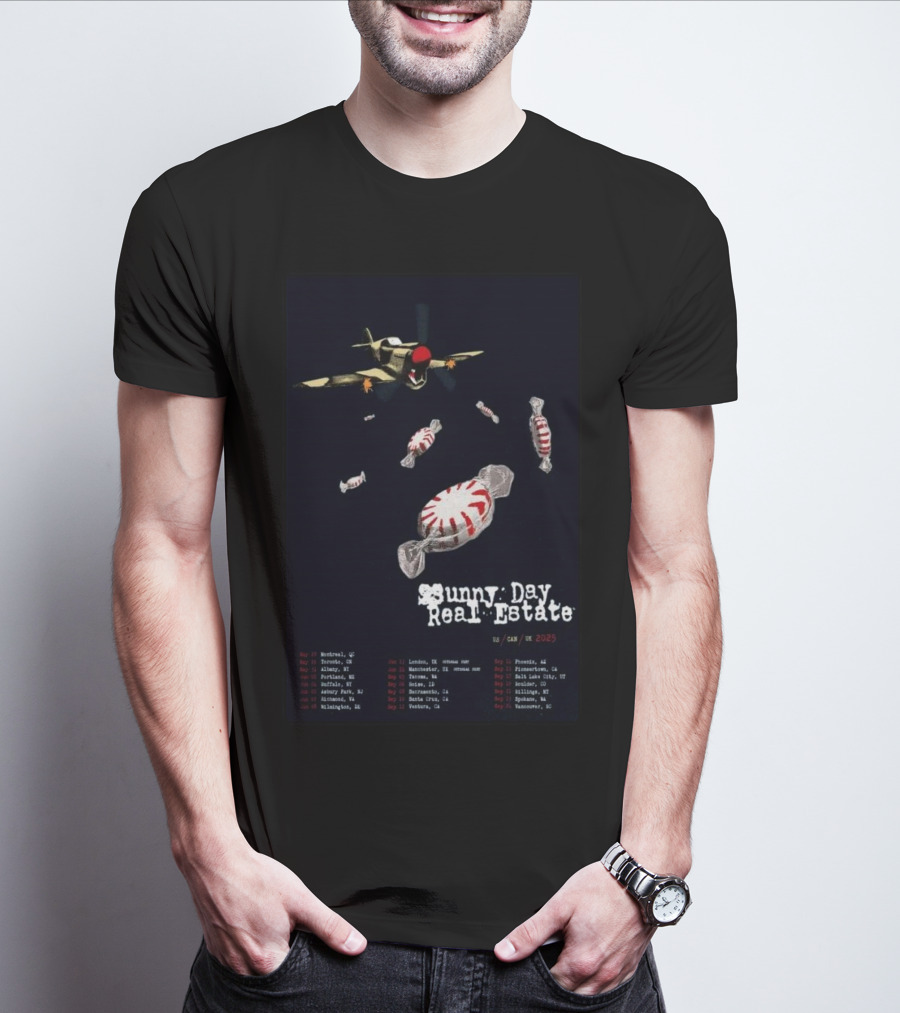 Sunny Day Real Estate Tour 2025 US CAN UK With Airplane And Candy Imagery T-Shirt