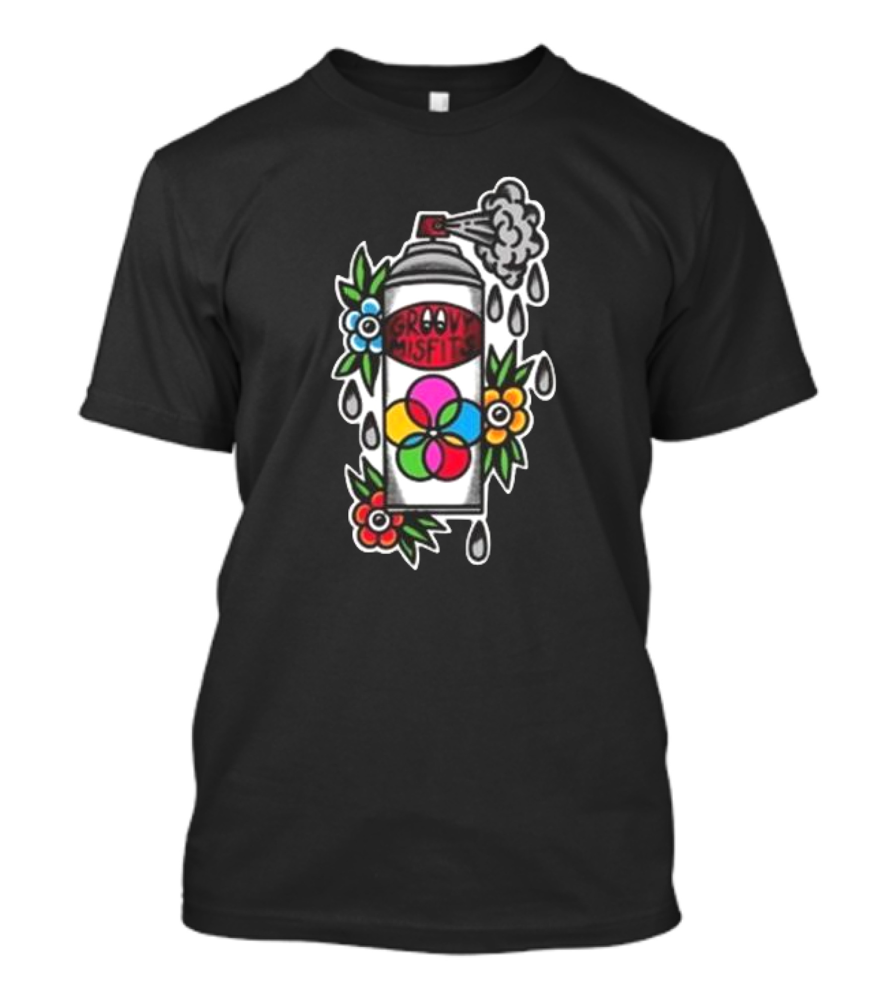 Tan Clemons Groovy Misfits Rattle Can Flower Power Design T-Shirt