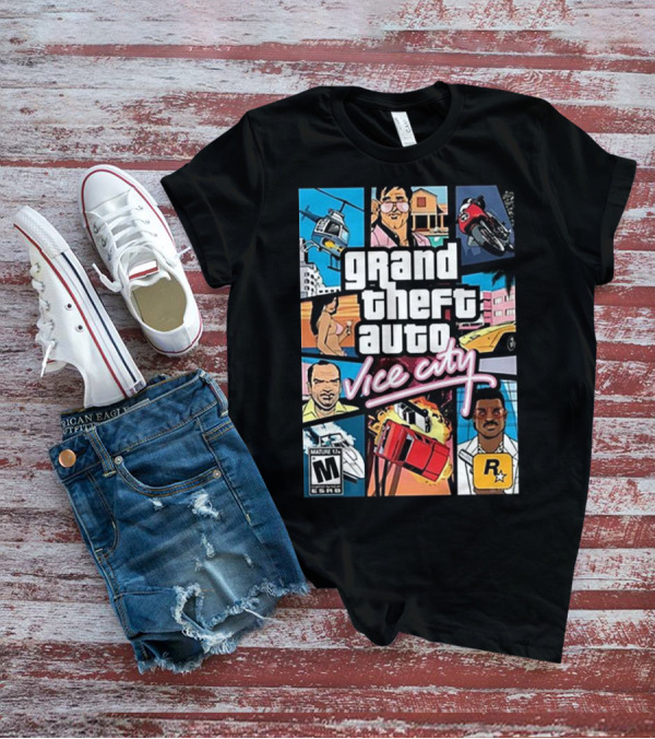 Grand Theft Auto Vice City Game Cover Art Helicopter Motorcycle Car Explosion R Star Logo T-Shirt