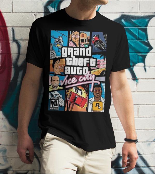 Grand Theft Auto Vice City Game Cover Art Helicopter Motorcycle Car Explosion R Star Logo T-Shirt