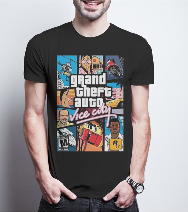 Grand Theft Auto Vice City Game Cover Art Helicopter Motorcycle Car Explosion R Star Logo T-Shirt