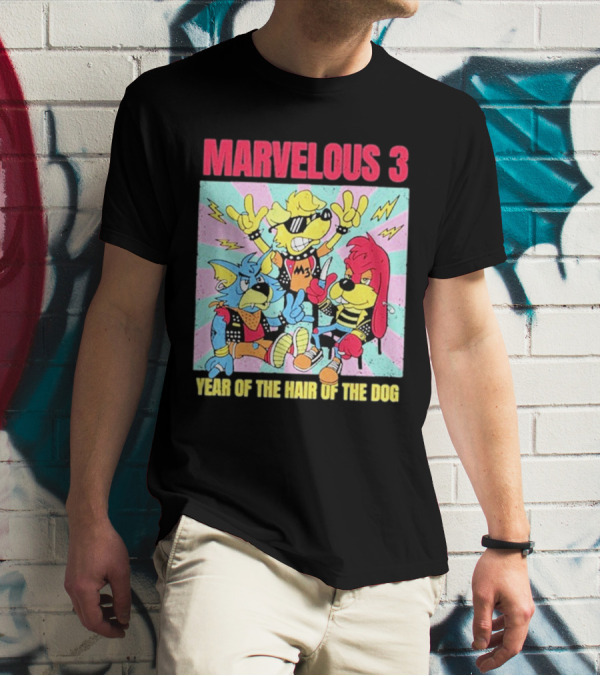 Marvelous 3 Year Of The Hair Of The Dog Cartoon Dogs With Punk Outfits And Sunglasses T-Shirt