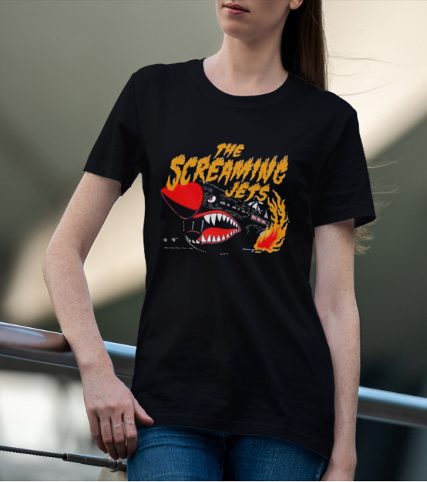 The Screaming Jets Flaming Jet With Fiery Cartoon Jet Fighter T-Shirt
