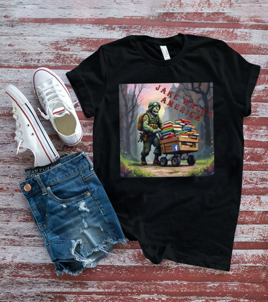 Zombie Soldier Pushing Book Cart Jake Walks America T-Shirt