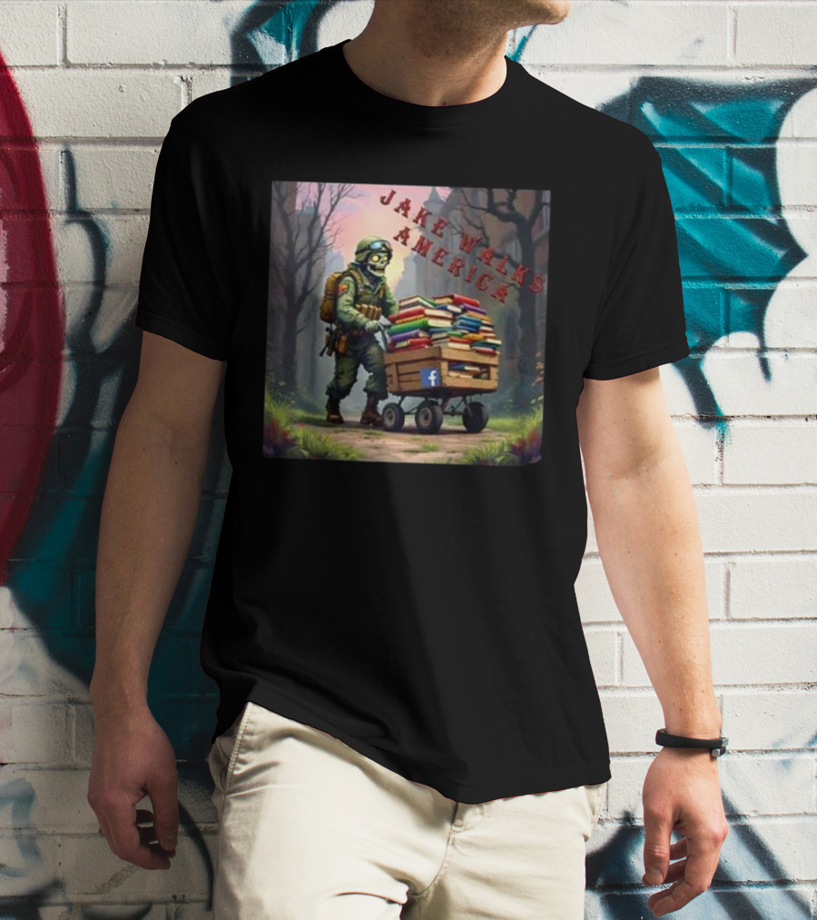 Zombie Soldier Pushing Book Cart Jake Walks America T-Shirt
