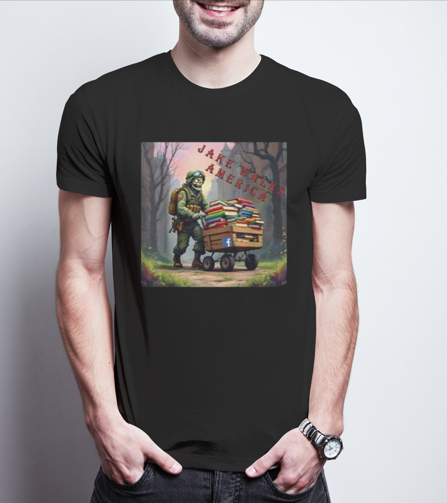 Zombie Soldier Pushing Book Cart Jake Walks America T-Shirt