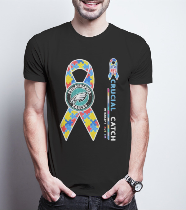 Philadelphia Eagles Autism Awareness Crucial Catch NFL Puzzle Ribbon T-Shirt