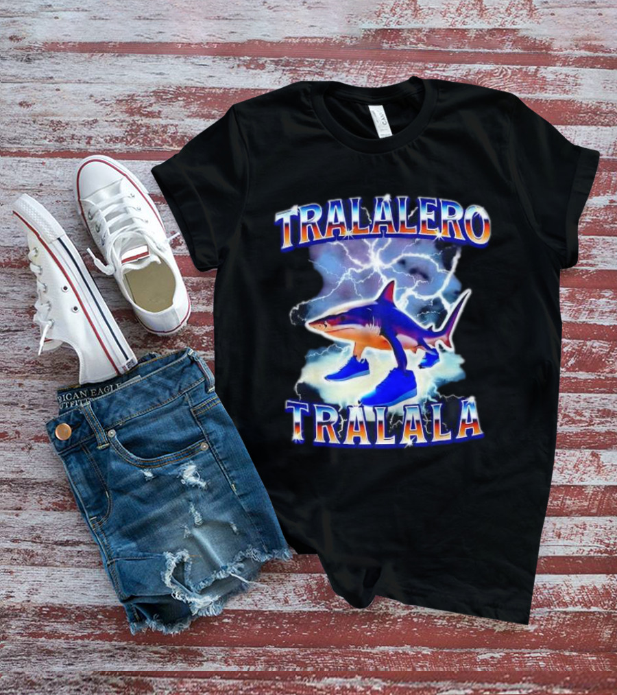 TRALALERO TRALALA Shark With Sneakers Lightning Background T-Shirt