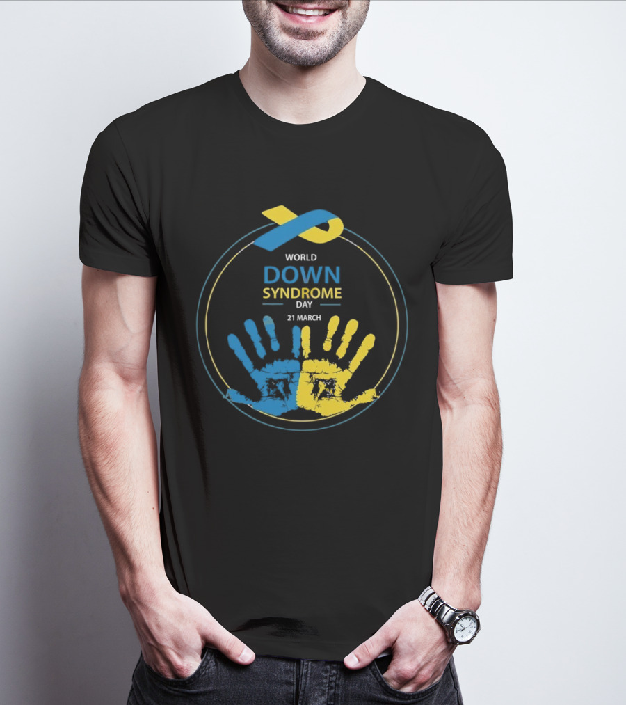 World Down Syndrome Day 21 March Blue Yellow Handprint Ribbon T-Shirt