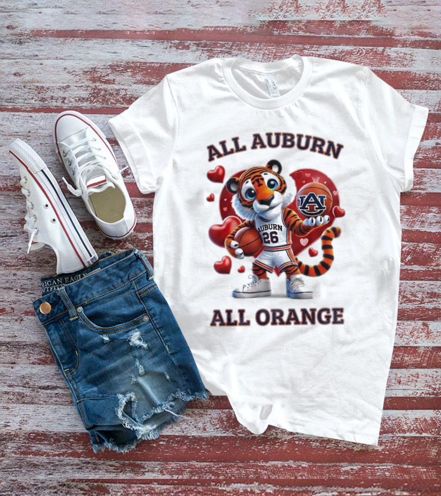 All Auburn All Orange Auburn Tigers Basketball Mascot Hearts T-Shirt