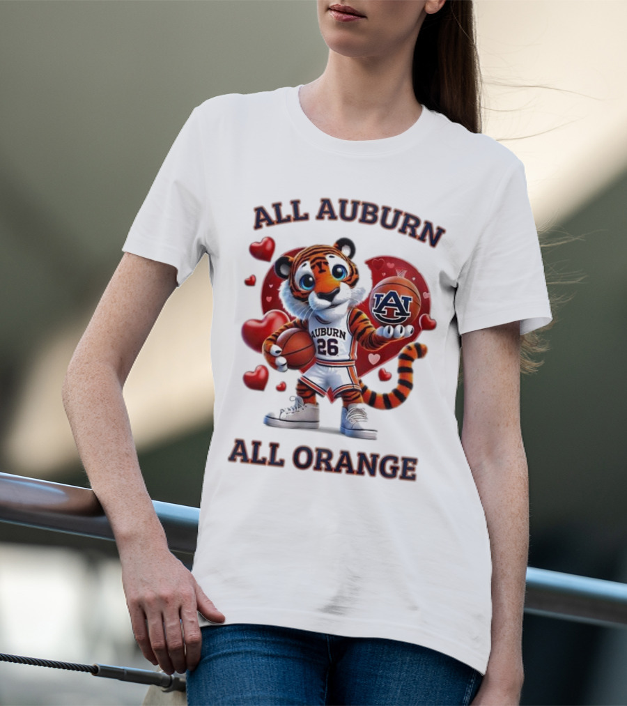 All Auburn All Orange Auburn Tigers Basketball Mascot Hearts T-Shirt
