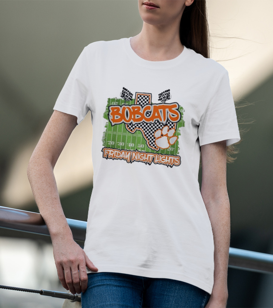 Bobcats Friday Night Lights Texas Football Paw Print Field Checkerboard T-Shirt