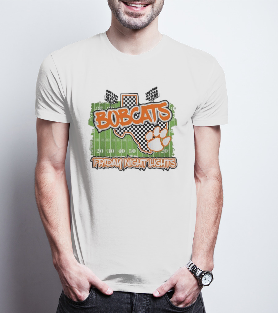 Bobcats Friday Night Lights Texas Football Paw Print Field Checkerboard T-Shirt