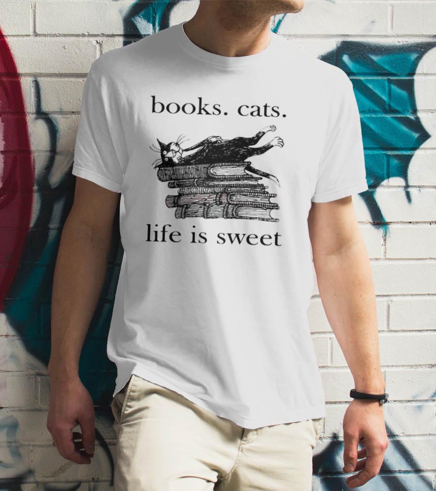 Books Cats Life Is Sweet Relaxing Cat On Stacked Books With Coffee Cup T-Shirt