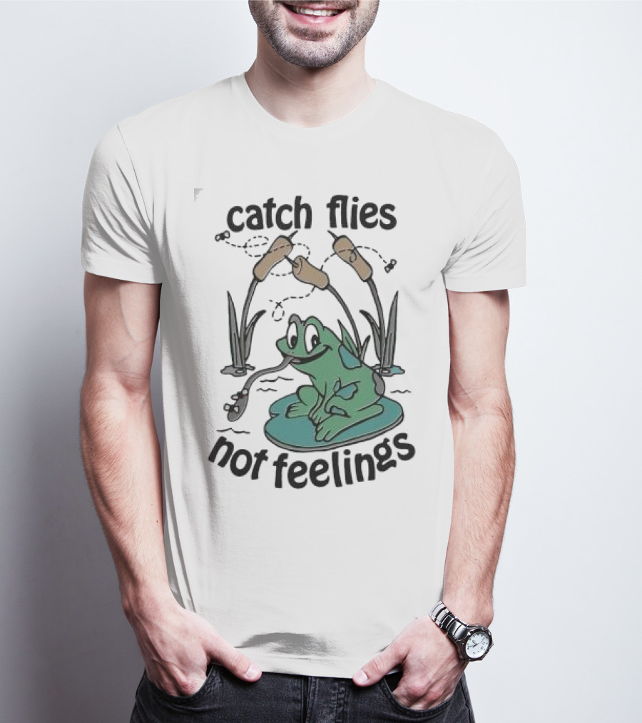 Catch Flies Not Feelings Frog On Lily Pad With Swirling Flies T-Shirt