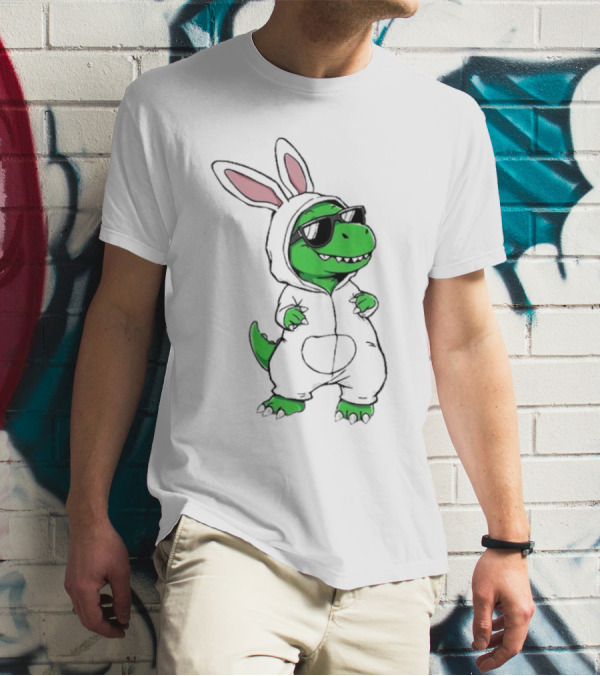 Cool Dino Wearing Easter Bunny Rabbit Costume With Sunglasses T-Shirt