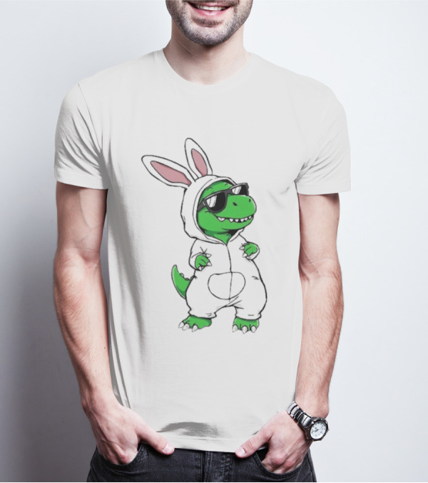 Cool Dino Wearing Easter Bunny Rabbit Costume With Sunglasses T-Shirt