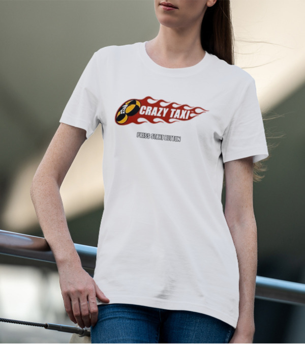 Crazy Taxi Press Start Button Iconic Video Game Flames Graphic T-Shirt