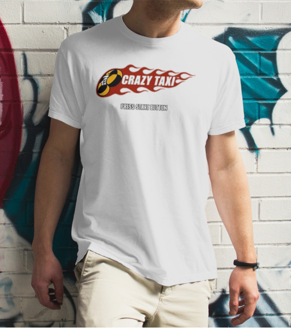 Crazy Taxi Press Start Button Iconic Video Game Flames Graphic T-Shirt