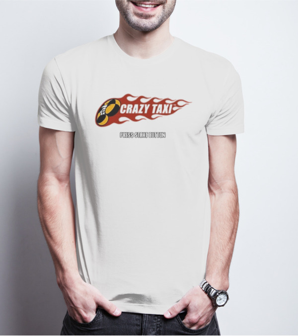 Crazy Taxi Press Start Button Iconic Video Game Flames Graphic T-Shirt