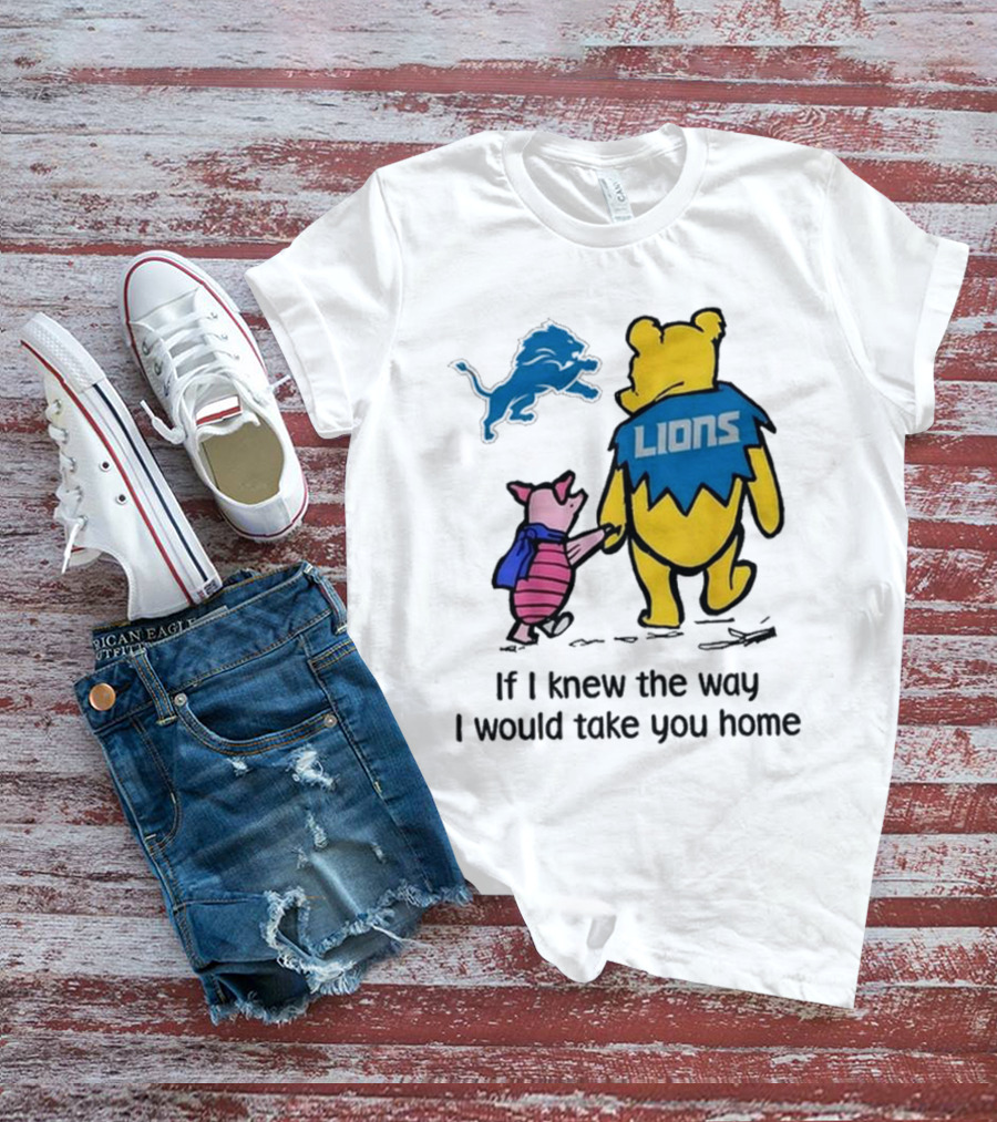 Detroit Lions Winnie The Pooh Piglet Walking Holding Hands T-Shirt