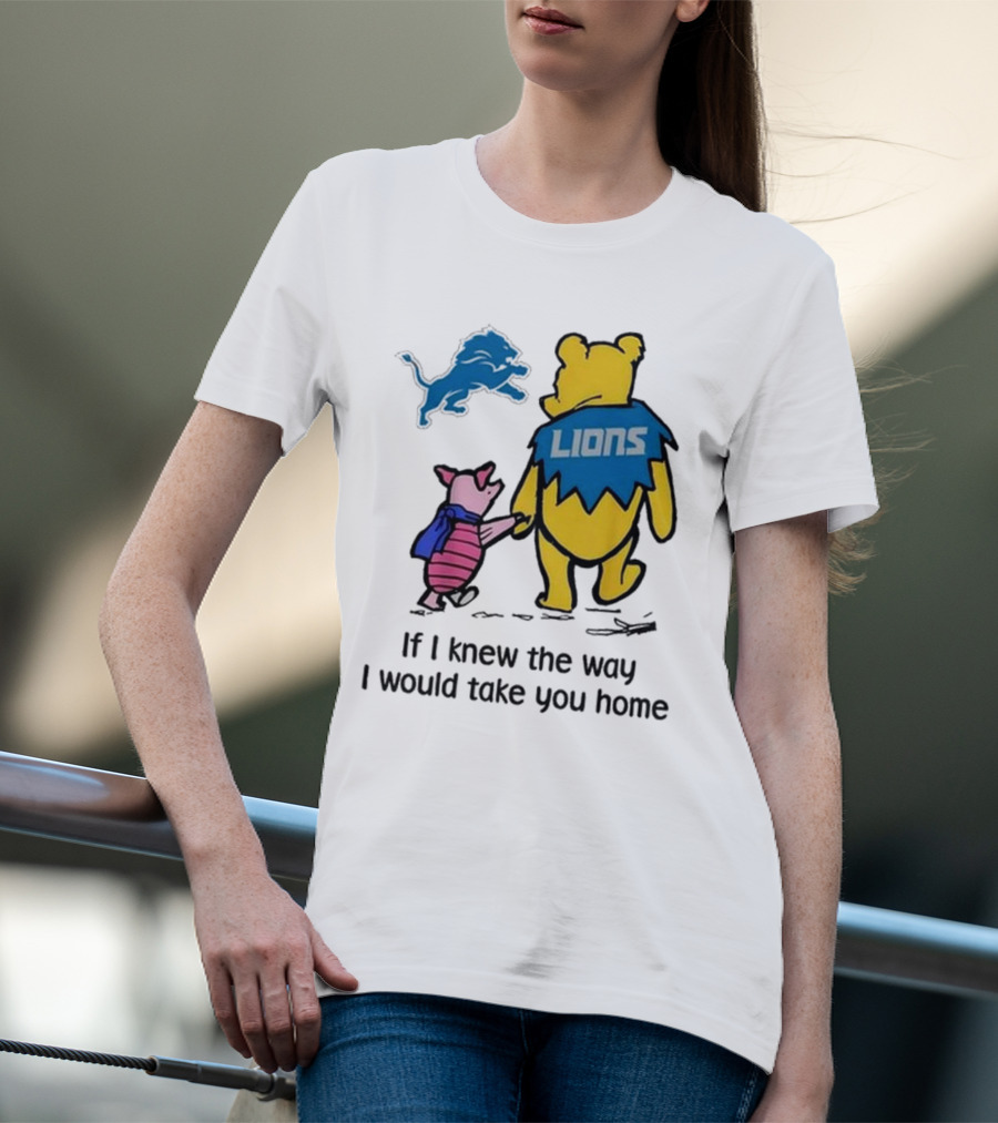 Detroit Lions Winnie The Pooh Piglet Walking Holding Hands T-Shirt