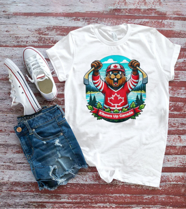 Elbows Up Canada Beaver Mascot Hockey Celebration Canadian Maple Leaf Forest T-Shirt