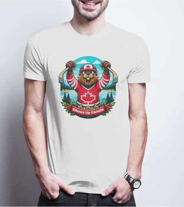 Elbows Up Canada Beaver Mascot Hockey Celebration Canadian Maple Leaf Forest T-Shirt