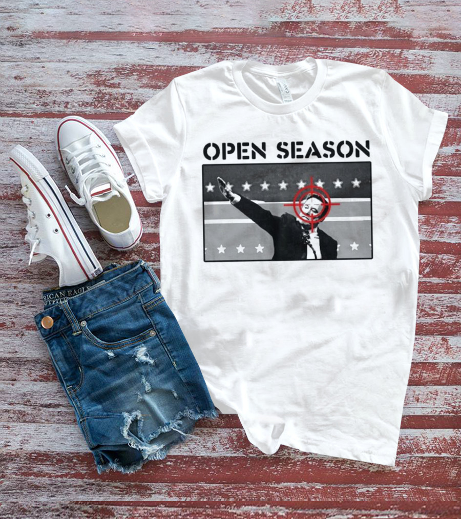 Unrecognizable Figure With Target Overlay Open Season Text T-Shirt
