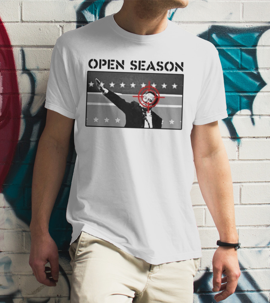 Unrecognizable Figure With Target Overlay Open Season Text T-Shirt