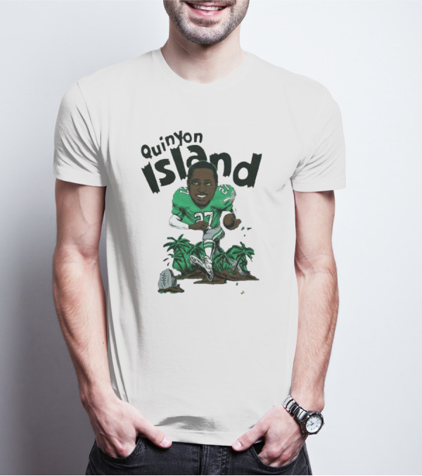 Quinyon Island Eagle 27 Football Player Running With Palm Trees And Rocks T-Shirt