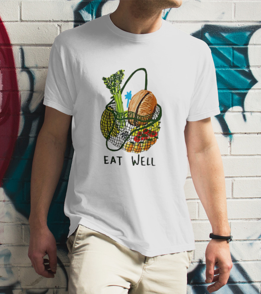 Eat Well Groceries In Mesh Bag With Baguette Broccoli Tomato T-Shirt