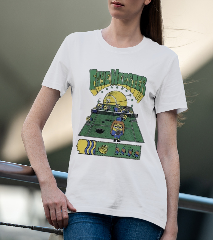 Faye Webster Brain Dead Tennis Court Scene With Yellow Characters And Sports Imagery T-Shirt