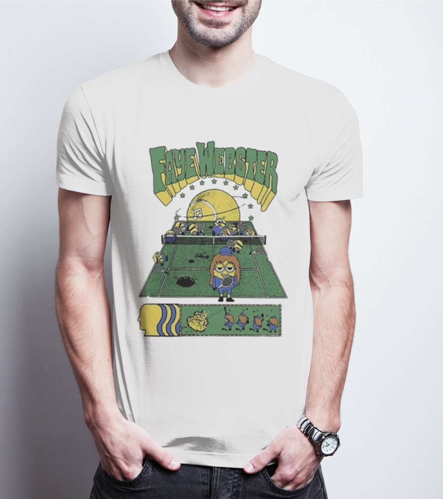 Faye Webster Brain Dead Tennis Court Scene With Yellow Characters And Sports Imagery T-Shirt