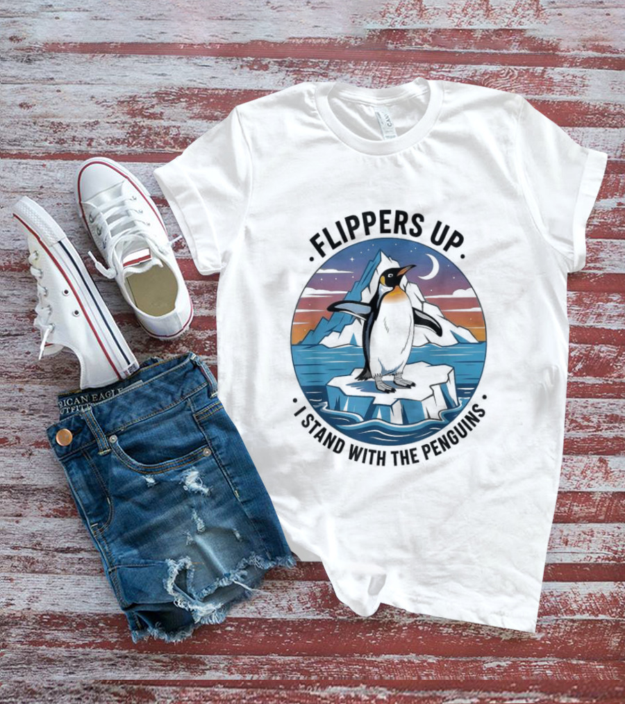 Flippers Up I Stand With The Penguins Iceberg Sunset Scene T-Shirt