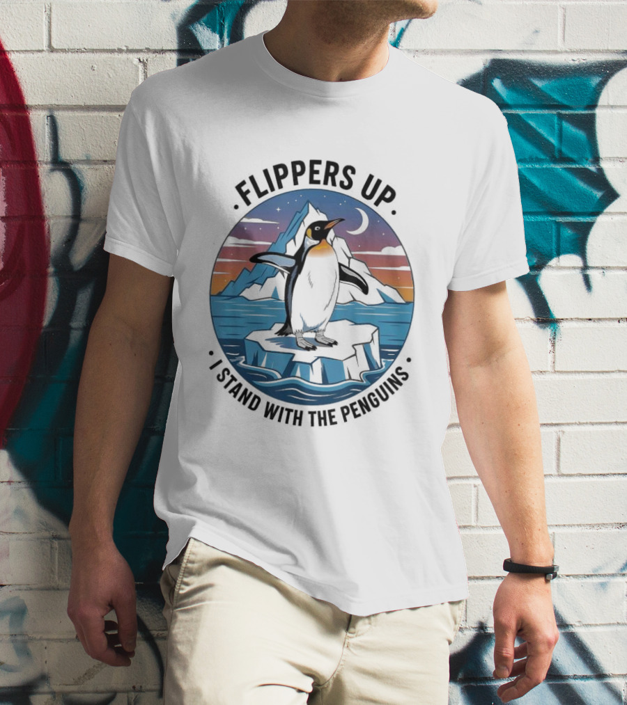 Flippers Up I Stand With The Penguins Iceberg Sunset Scene T-Shirt