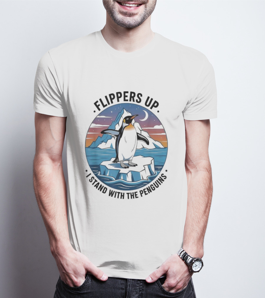 Flippers Up I Stand With The Penguins Iceberg Sunset Scene T-Shirt