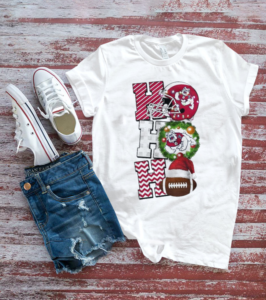 Fresno State Bulldogs Football Christmas Helmet Wreath Santa Hat Rugby T-Shirt