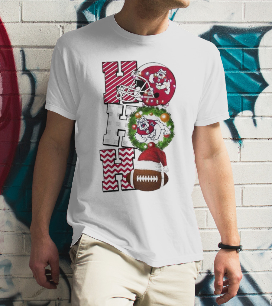 Fresno State Bulldogs Football Christmas Helmet Wreath Santa Hat Rugby T-Shirt