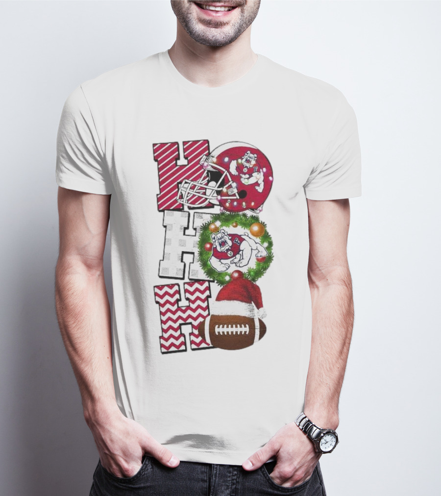 Fresno State Bulldogs Football Christmas Helmet Wreath Santa Hat Rugby T-Shirt