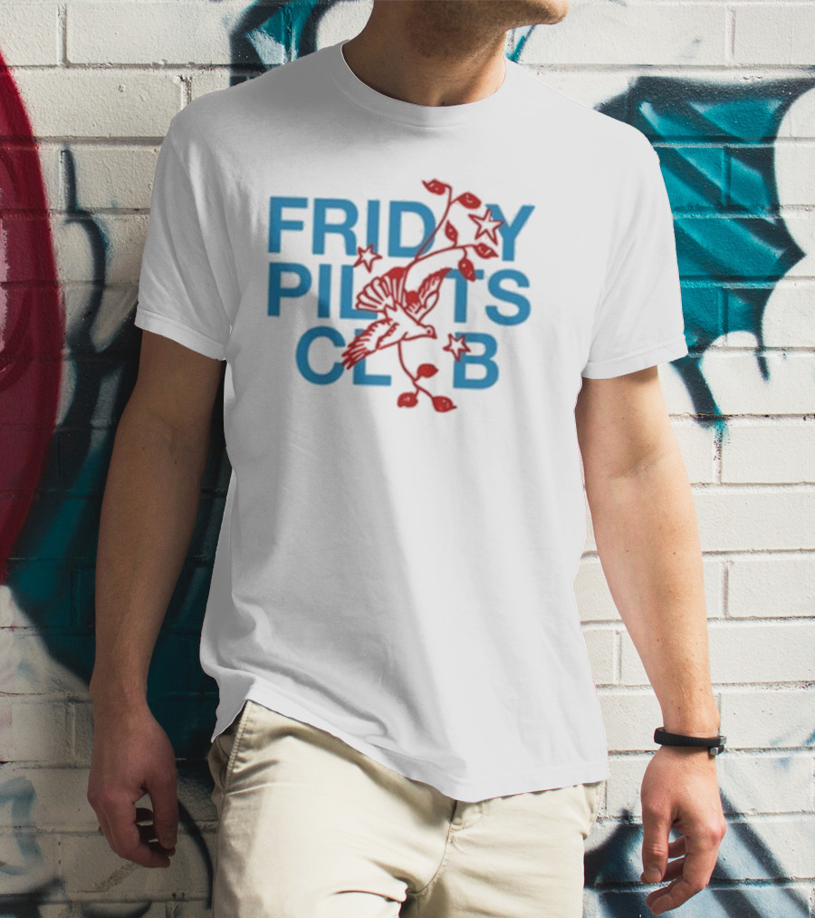 Friday Pilots Club Dove Red Bird Flowers Blue Text T-Shirt
