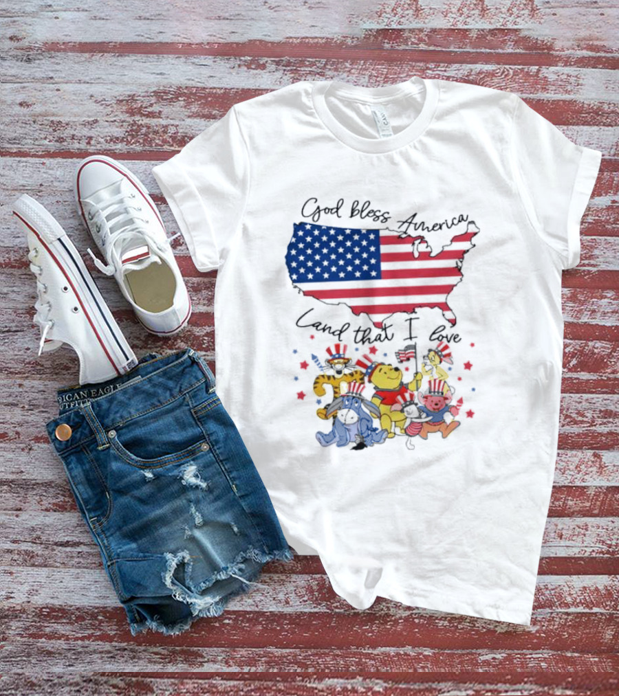 God Bless America Land That I Love Winnie The Pooh USA Flag T-Shirt